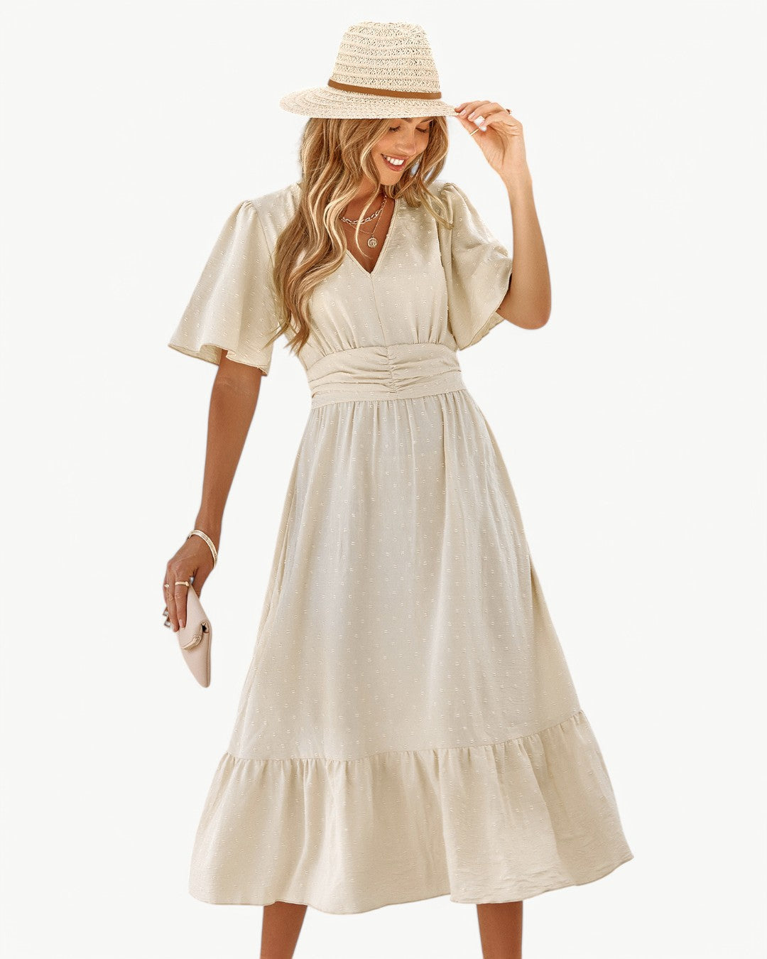 RENÉE - V-neck short sleeve calf length dress - Lightweight and stylish