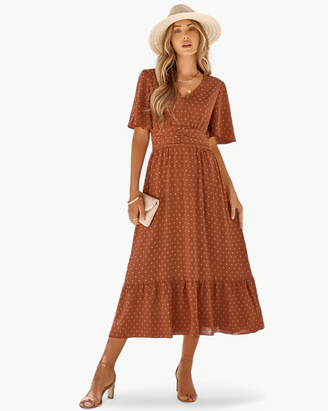 RENÉE - V-neck short sleeve calf length dress - Lightweight and stylish
