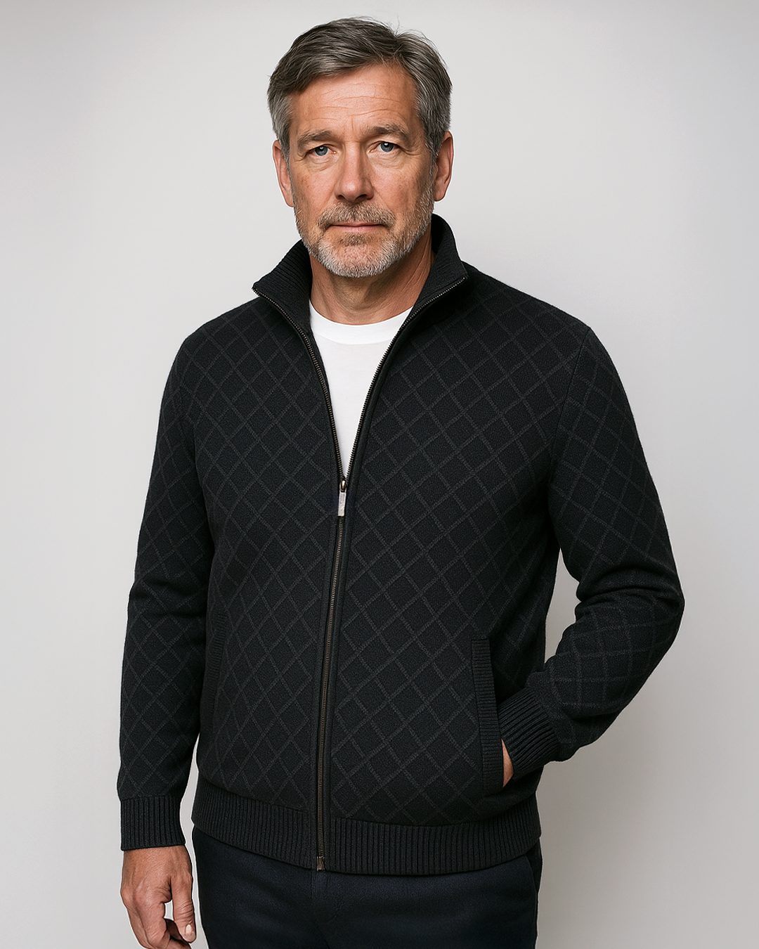 Knitted Men's Cardigan with Subtle Check Pattern™