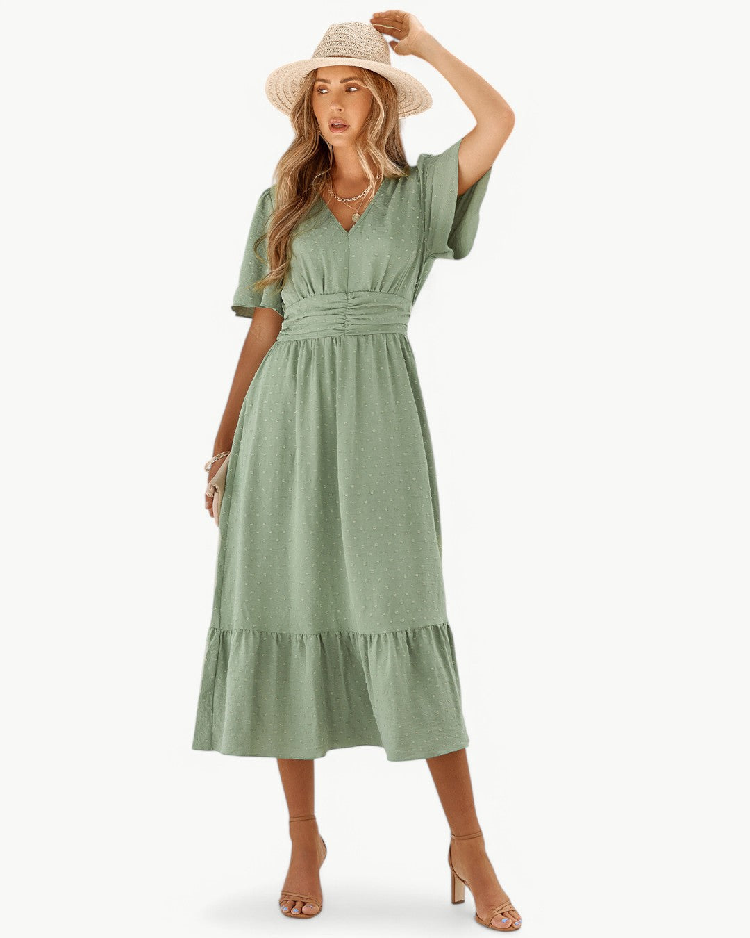 RENÉE - V-neck short sleeve calf length dress - Lightweight and stylish